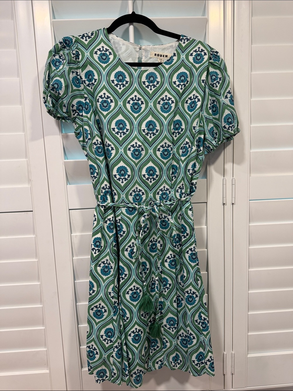 Boden Green and Teal Geometric Tie-Waist Dress